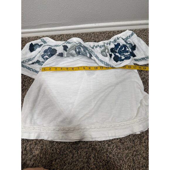 Free People Blue Embroidered Floral Top Womens Sz L Off Shoulder Boho Festival - Picture 9 of 10